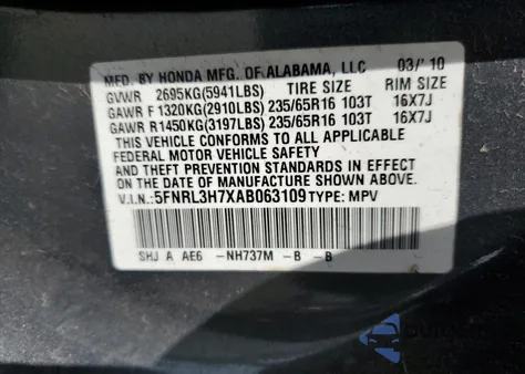 2010 Honda Odyssey Exl z USA, uszkodzony, nr VIN 5FNRL3H7XAB063109